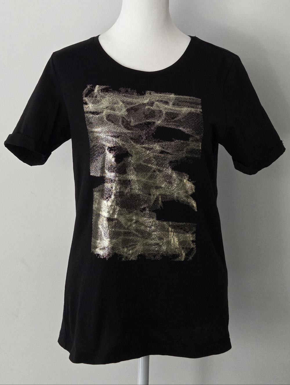 Black Short Sleeve Tee with Metallic Abstract Print